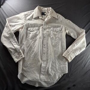 Wrangler Mens Vintage Pearl Snap Western Shirt White Pink Striped 16x34 USA 80s